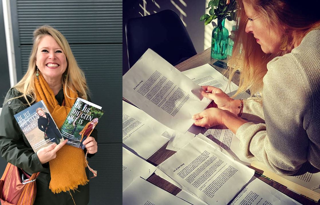 Katrín buigt zich over de mogelijke lettertypen en een foto van de Katrín met de proefdrukken van het omslkag van haar boek 'De juf die geen juf is'